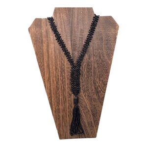 Handmade Black Beaded Necklace Tassel Vintage Antique Flapper Formal Art Deco